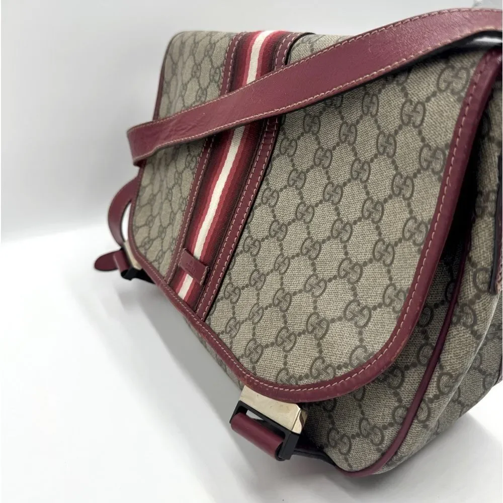 Auth Gucci Brown Supreme PVC Red Leather Trim Messenger Bag Monogram Sherry Line - Picture 4 of 16